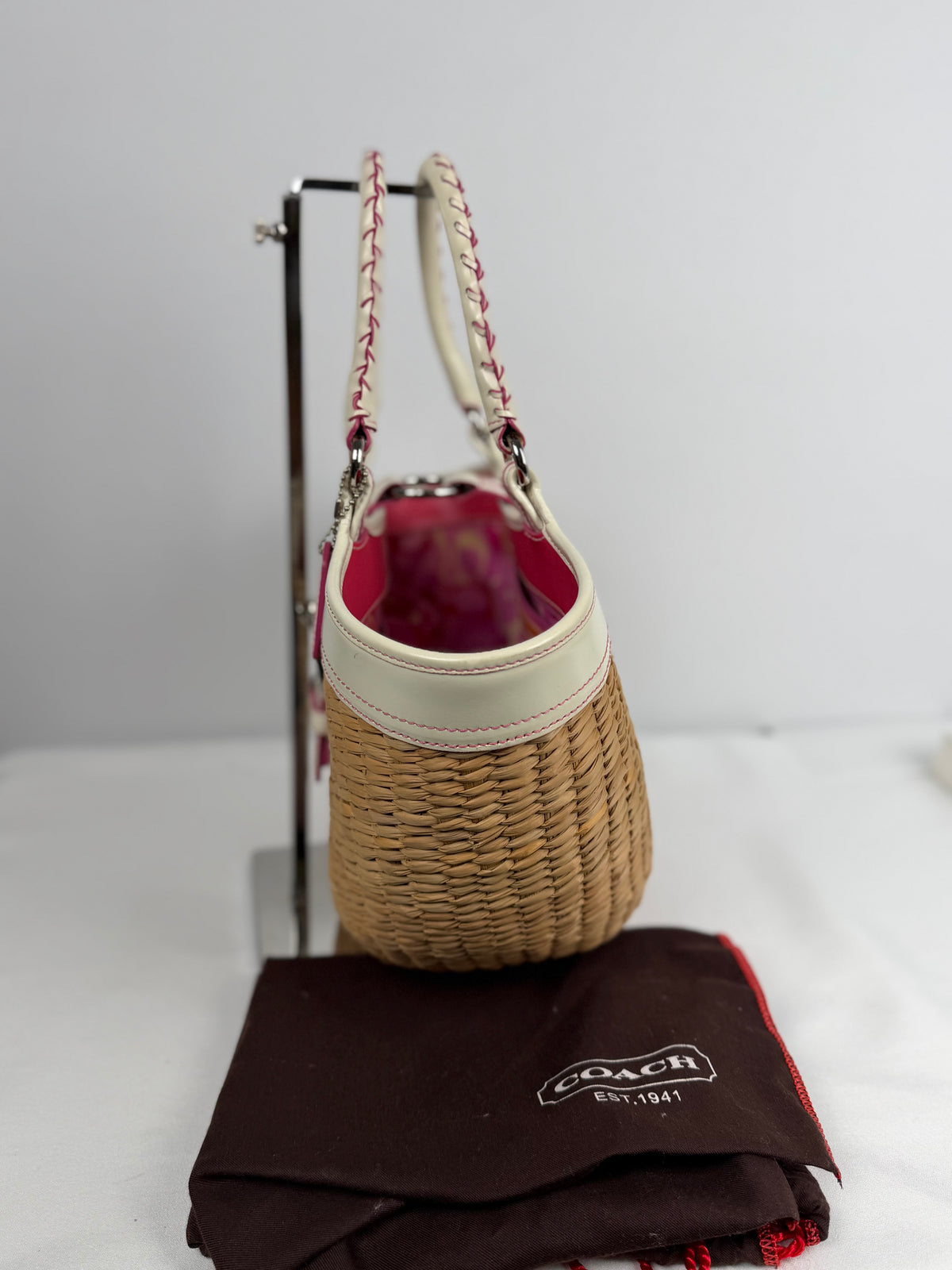 Coach 6271 Large Woven Straw Basket Bag White Leather Trim