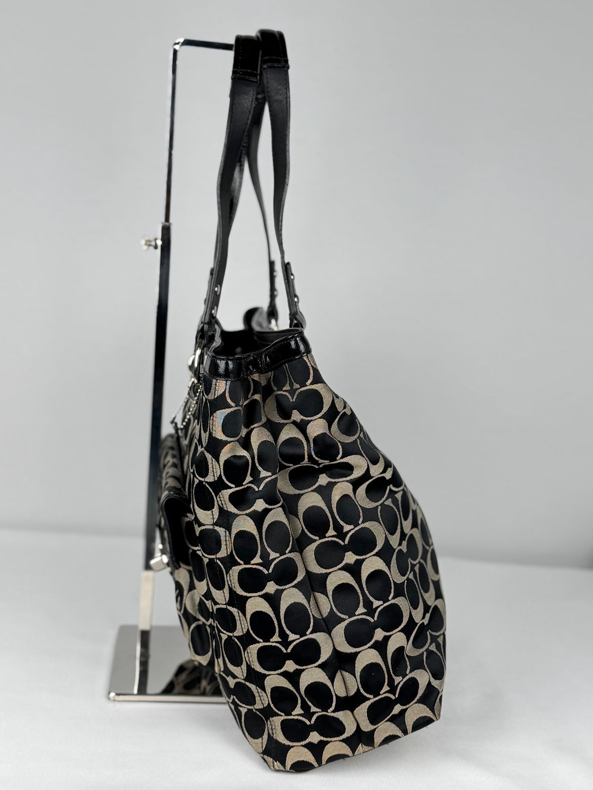 Coach F19262 Signature Black/Grey Monogram Turnlock Shoulder Bag Leather Trim
