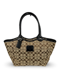 Coach F14385 Bleecker Signature Brown Monogram Tote Shoulder Bag Black Leather Trim