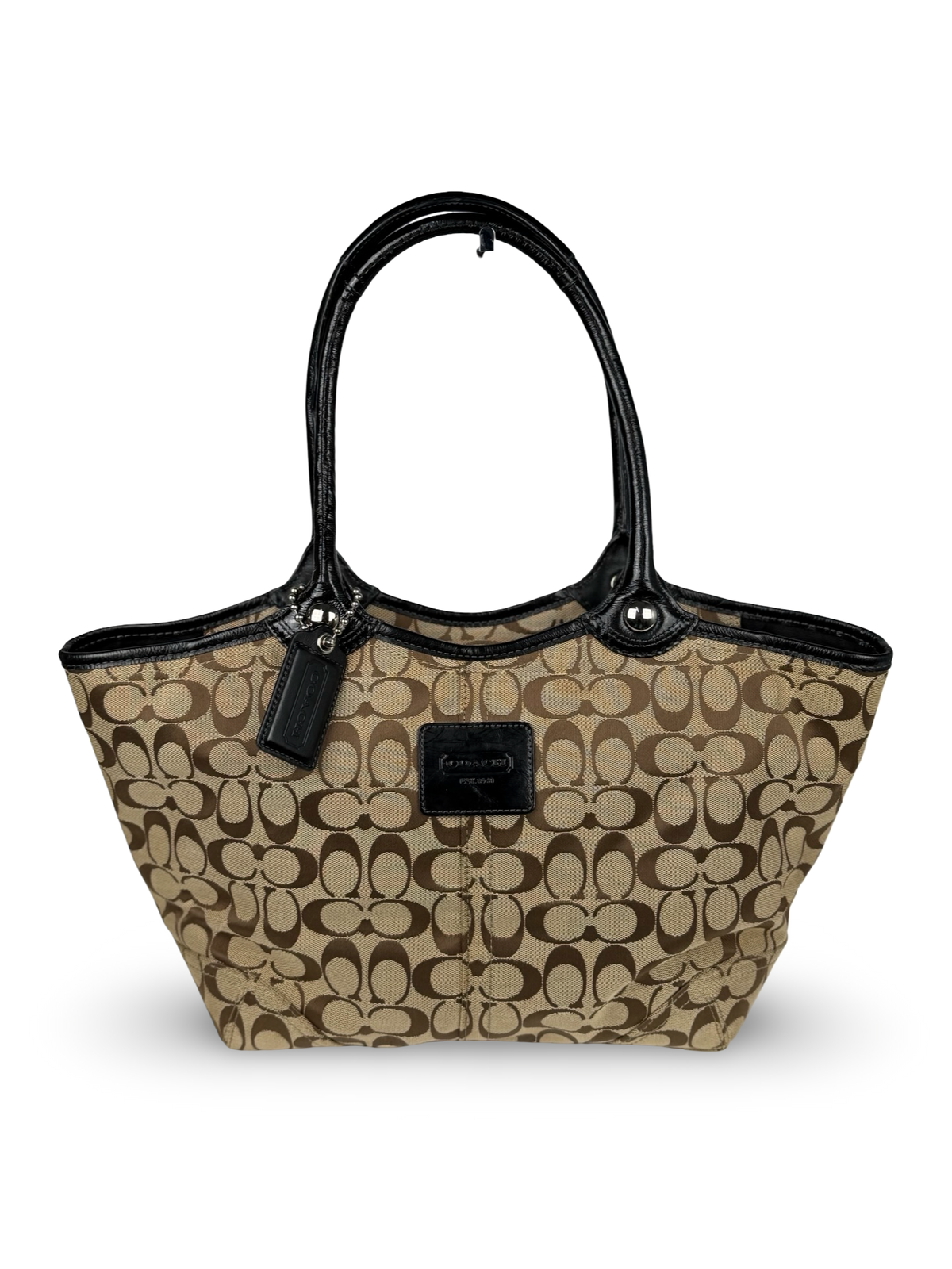 Coach F14385 Bleecker Signature Brown Monogram Tote Shoulder Bag Black Leather Trim