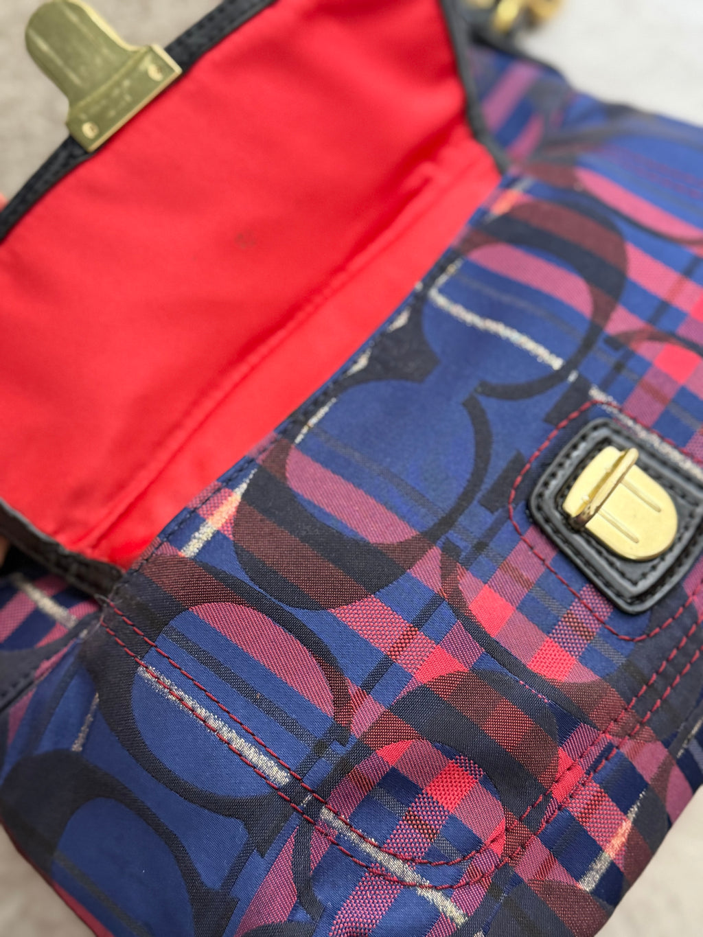 Coach 21621 Check Pattern Blue/Red/Pink Monogram Shoulder Bag