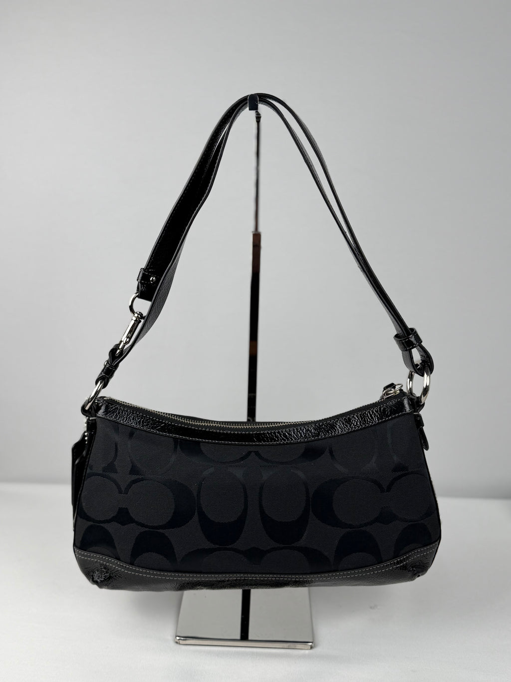 Coach F19731 Signature Black Monogram Shoulder Bag Black Patent Leather Trim