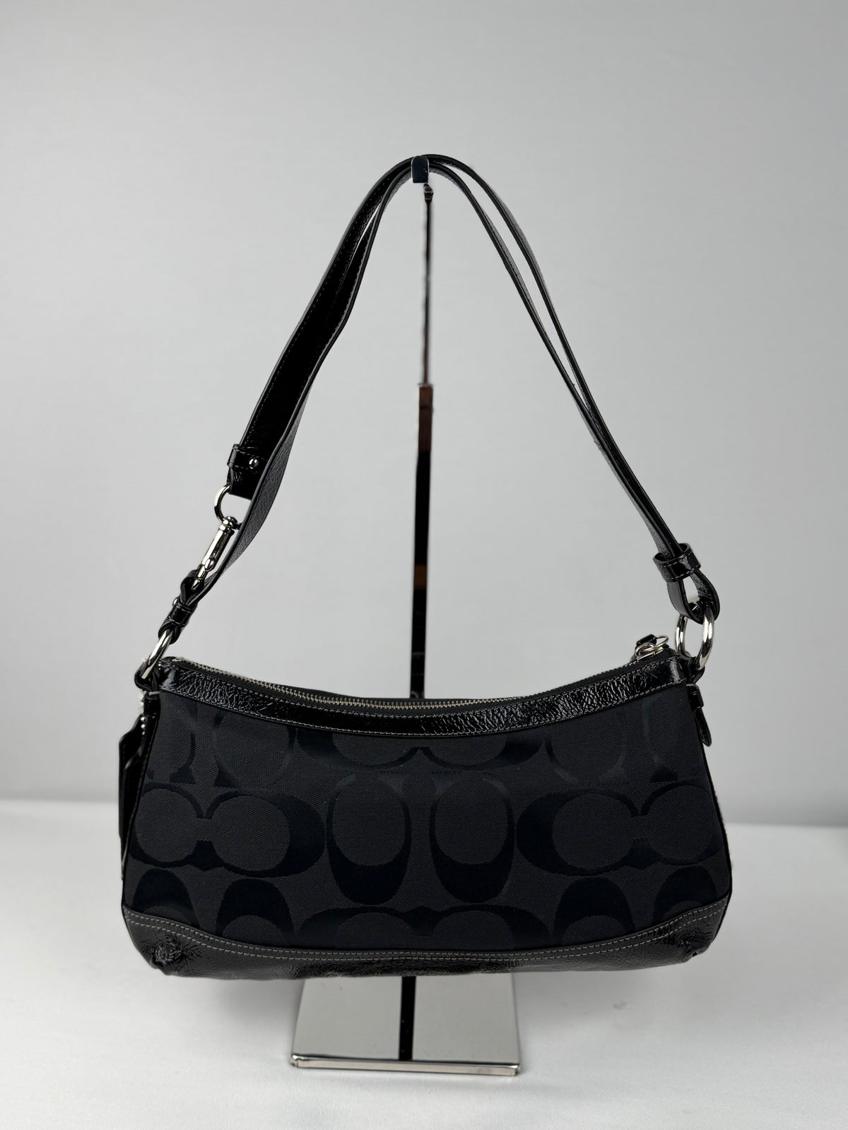 Coach F19731 Signature Black Monogram Shoulder Bag Black Patent Leather Trim