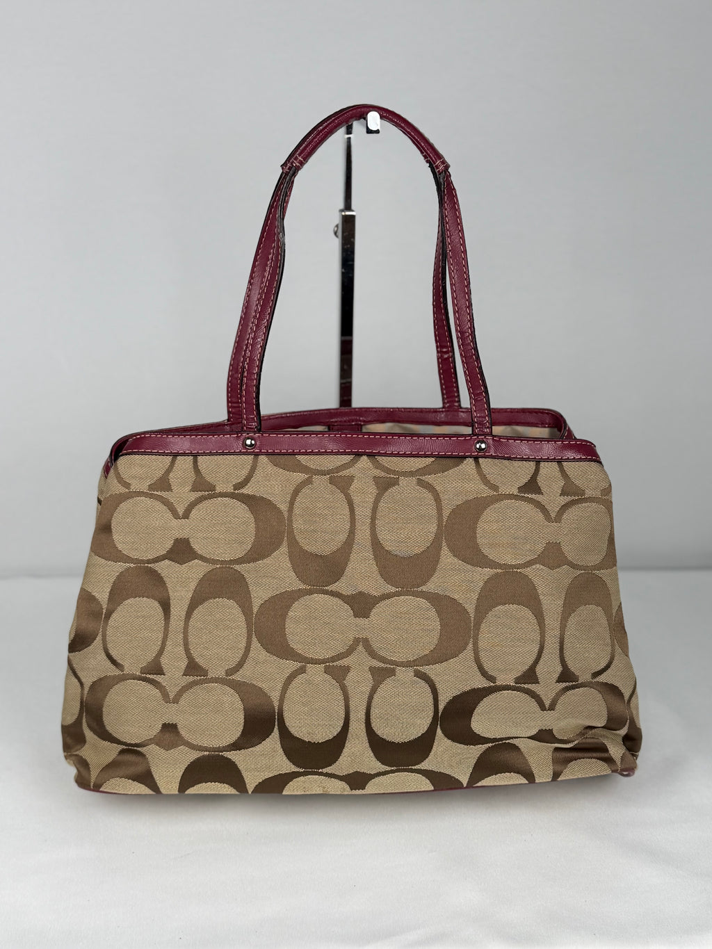 Coach F19190 Kisslock Signature Brown/Red Shoulder Bag Leather Trim