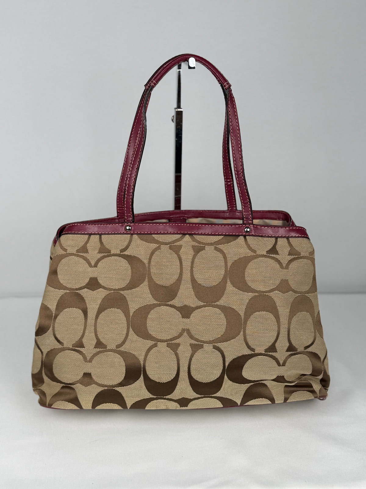 Coach F19190 Kisslock Signature Brown/Red Shoulder Bag Leather Trim