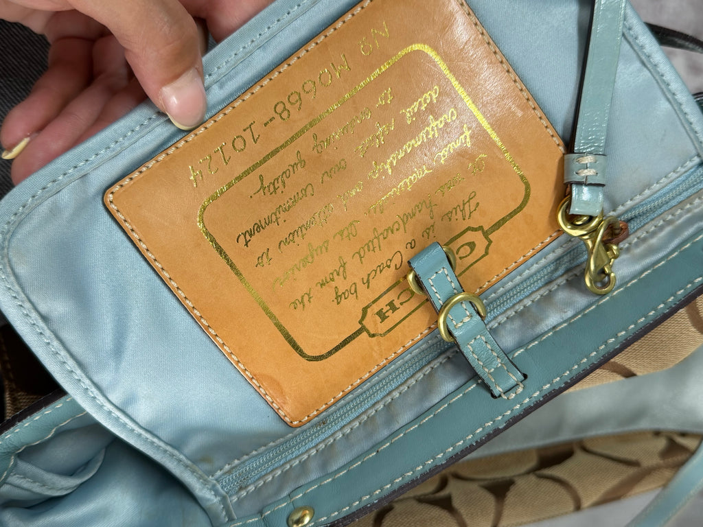 Coach 10124 Signature Brown/Blue Monogram Shoulder Tote Bag Leather Trim