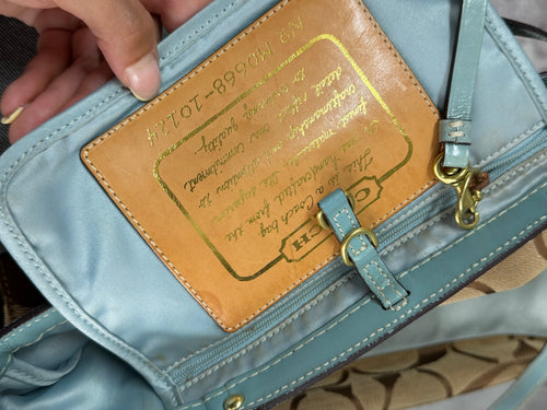 Coach 10124 Signature Brown/Blue Monogram Shoulder Tote Bag Leather Trim