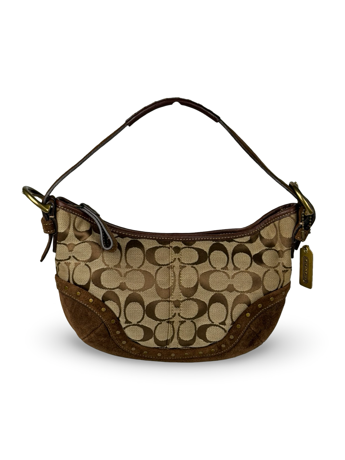 Coach RARE 7057 Hobo Signature Shoulder Bag Gold Embellishments Brown Suede Trim