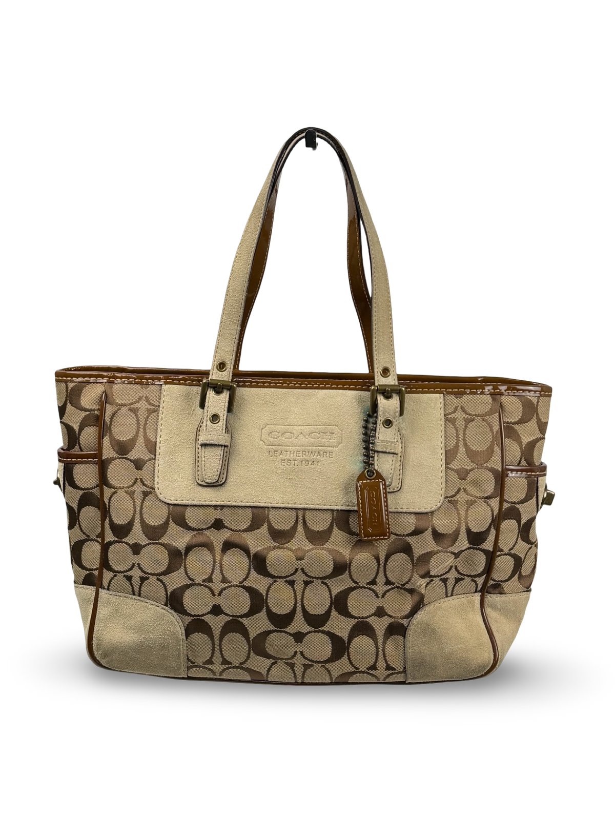 Coach 1443 Signature Brown monogram Tote Shoulder Bag Suede Leather Trim