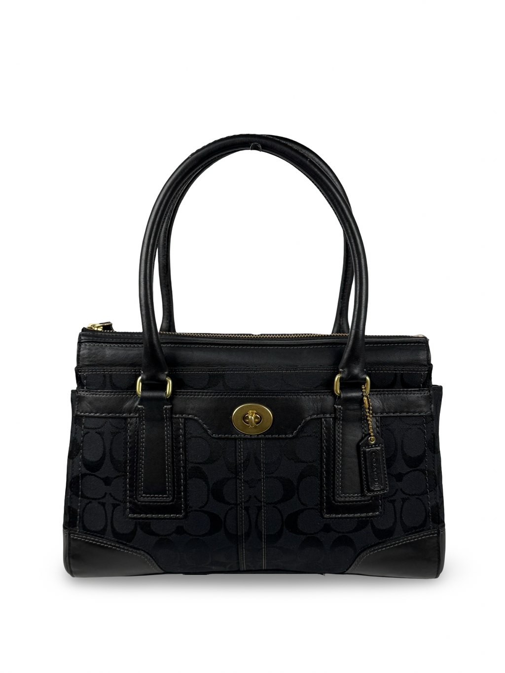 Coach 11062 Hampton Turnlock Black Monogram Shoulder Bag Leather Trim