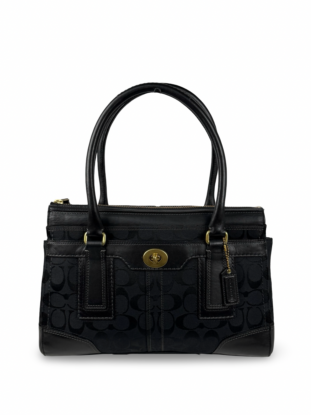 Coach 11062 Hampton Turnlock Black Monogram Shoulder Bag Leather Trim