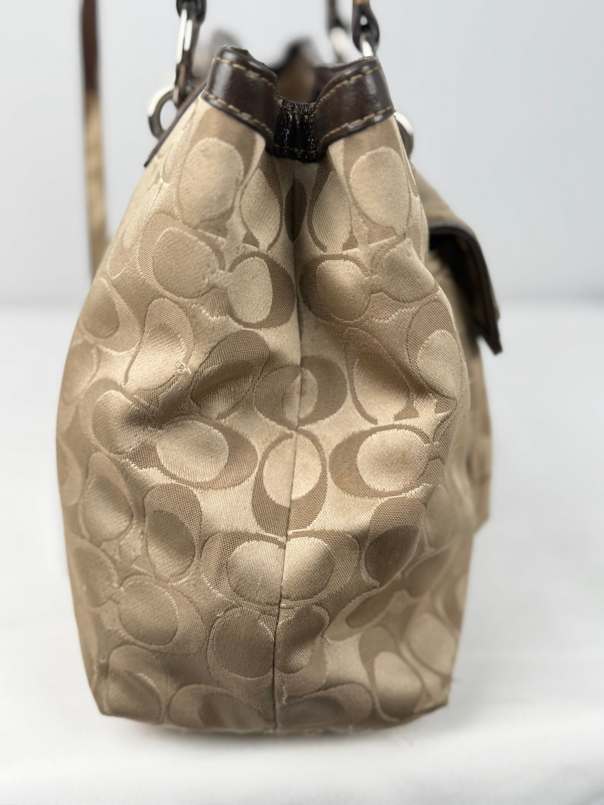 Coach F19043 Turnlock Signature Beige Monogram Shoulder Bag Brown Leather Trim