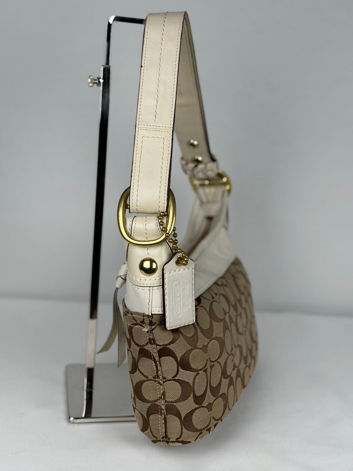 Coach 11444 Hobo Signature Brown Shoulder Bag White Leather Trim