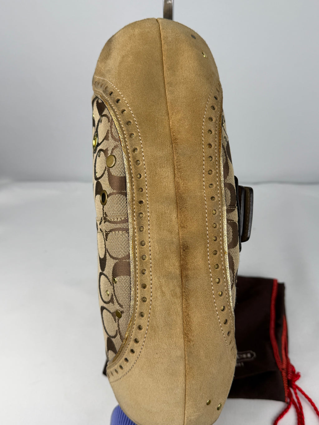 RARE Coach 9451 Soho Signature Brown Shoulder Bag Studded Embellishments Suede Leather Trim