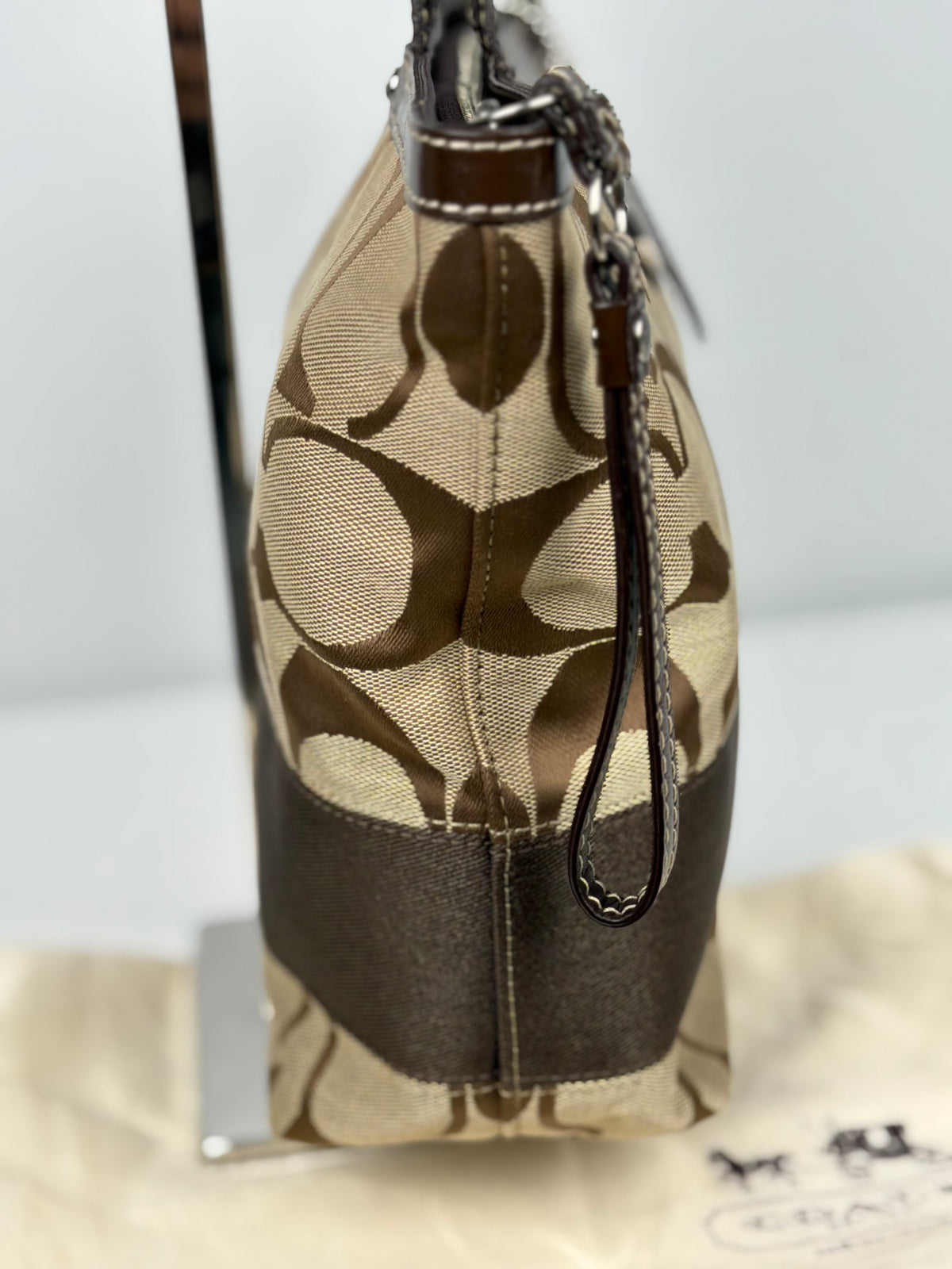 Coach F15112 Signature Brown Monogram Tote Shoulder Bag Leather Trim