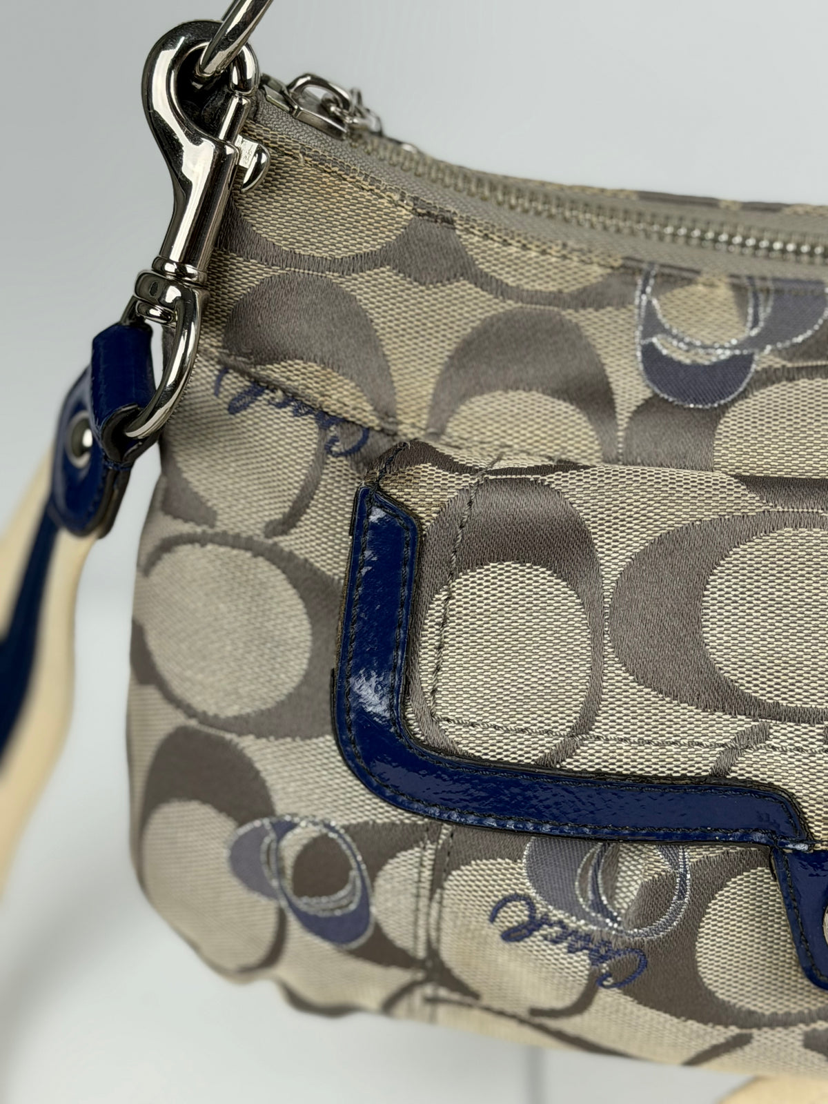 Coach F18756 Poppy Beige Monogram Blue Leather Trim Shoulder Bag