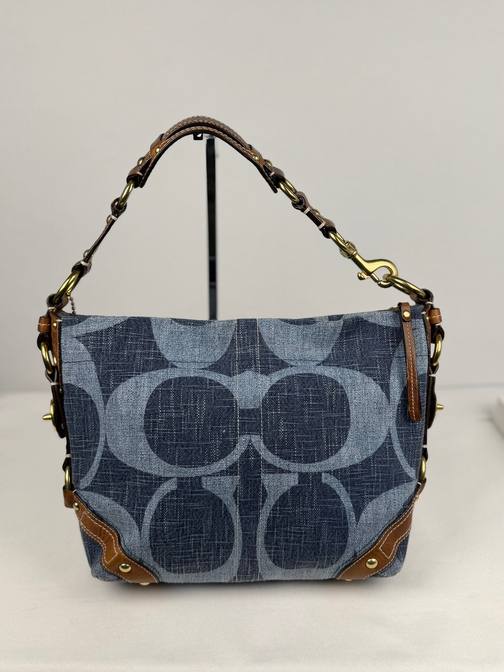 RARE Coach 10794 Carly Blue Denim Monogram Shoulder Bag Leather Trim