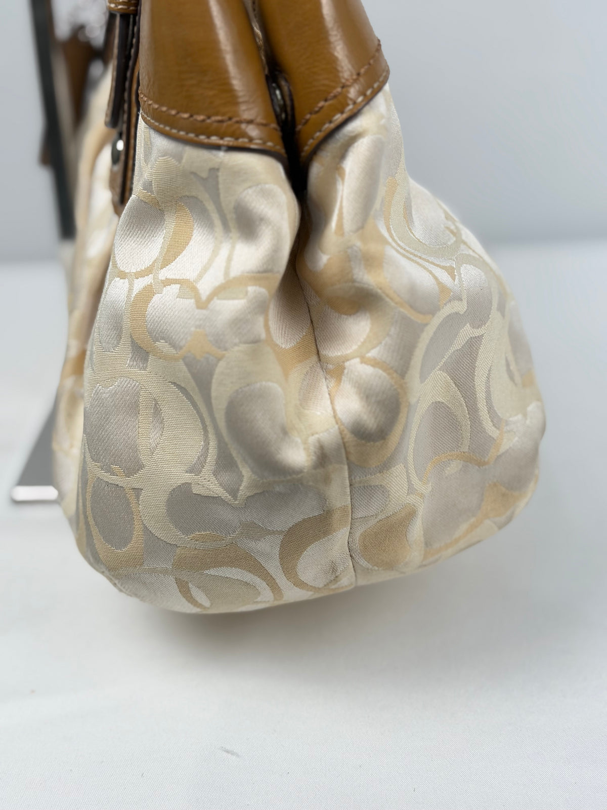 Coach F14492 Signature Cream/Beige/White Monogram Shoulder Bag Brown Leather Trim