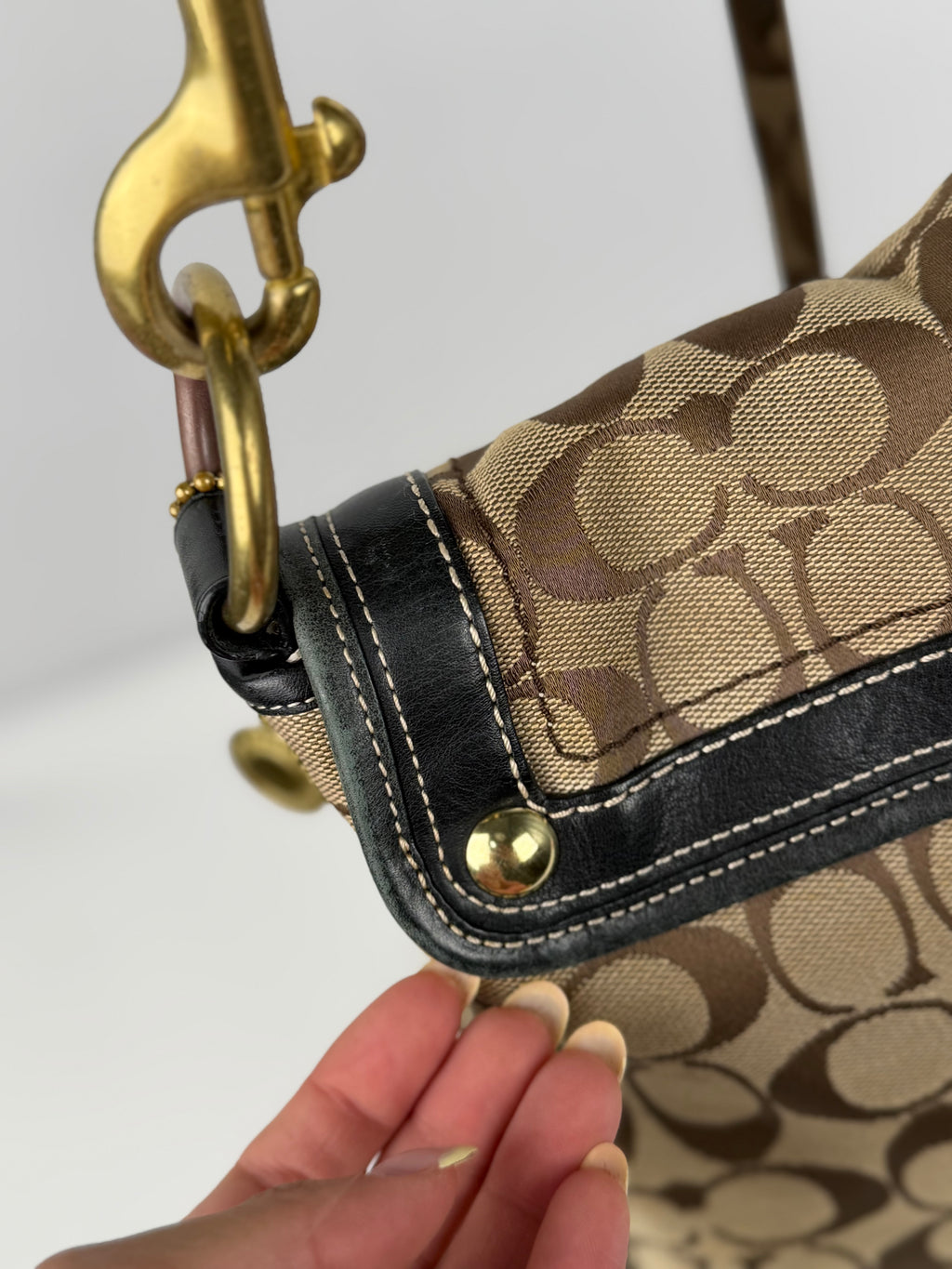 Coach 10338 Ali Legacy Turnlock Flap Signature Brown Monogram Shoulder Bag Black Leather Trim