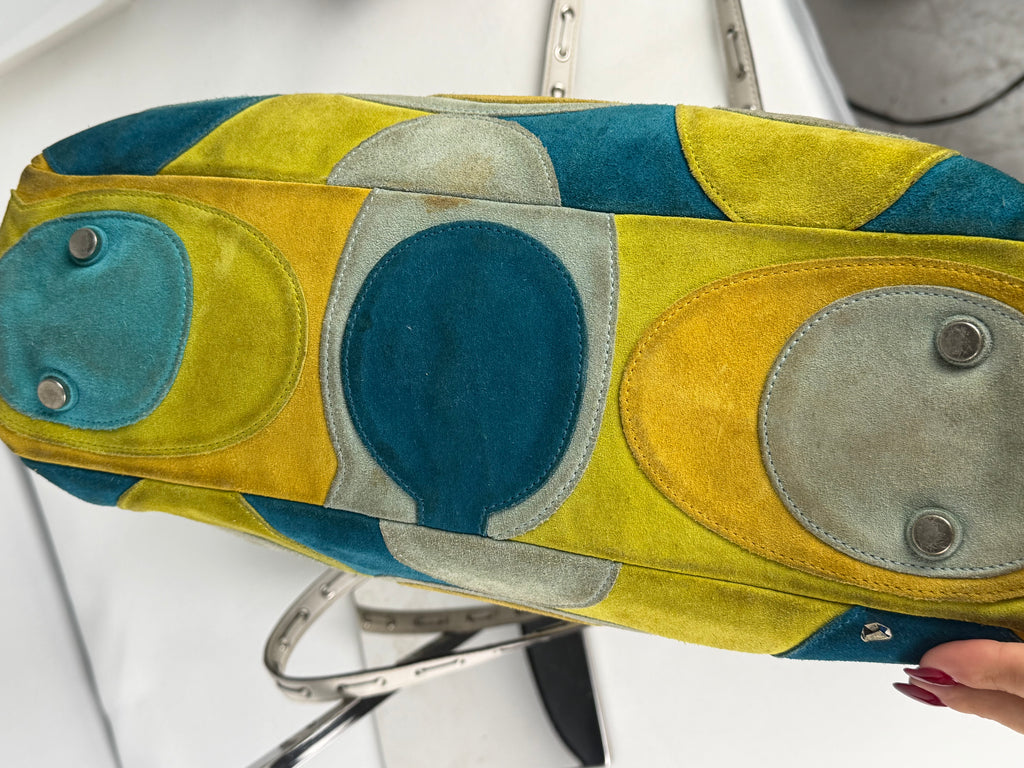 Coach 3682 Rare Yellow/Green/Blue Suede Patchwork Shoulder Bag White Leather Trim
