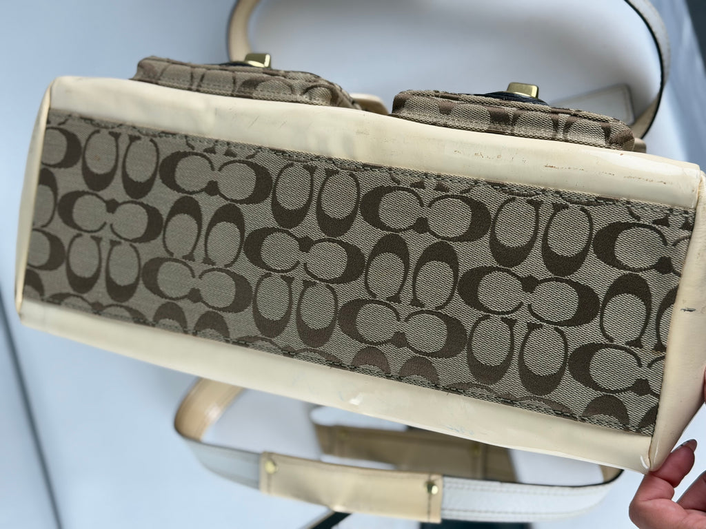 Coach Legacy F13131 Signature Brown Monogram Cream Patent Leather Satchel Shoulder Bag