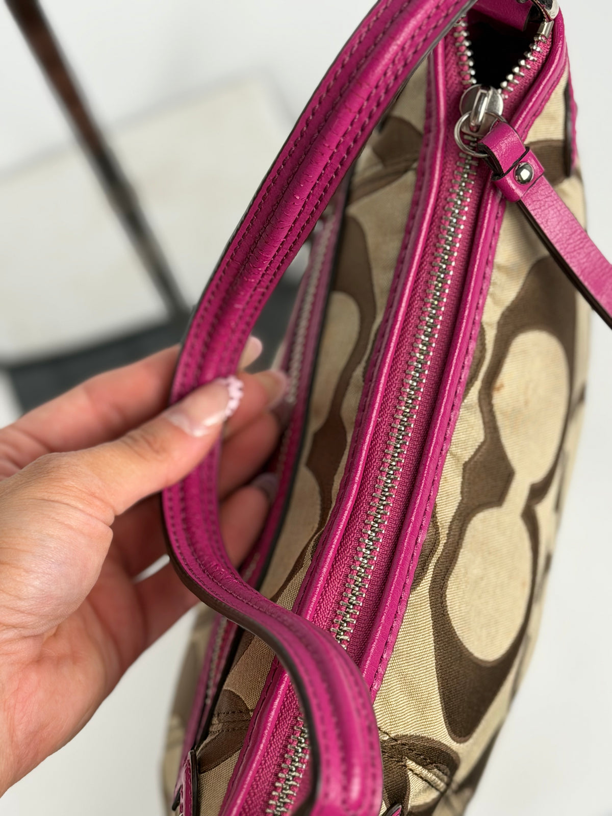 Coach F24063 Signature Brown Monogram Shoulder Bag Pink Leather Trim