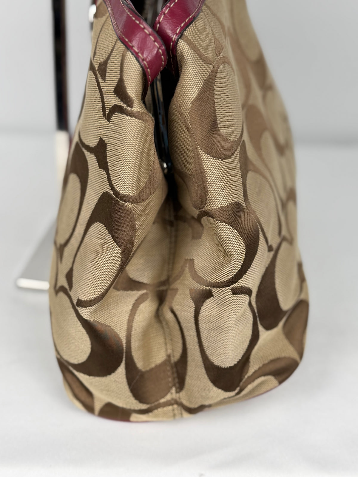 Coach F19190 Kisslock Signature Brown/Red Shoulder Bag Leather Trim
