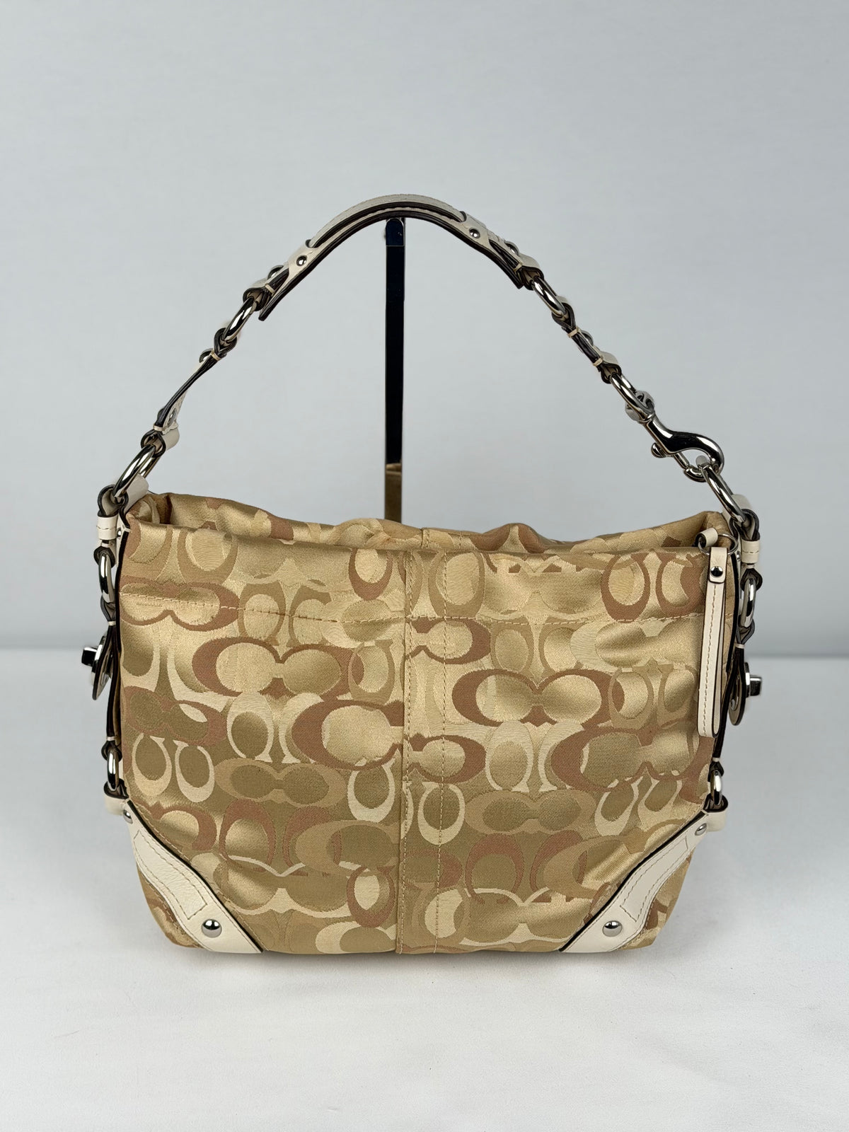 Coach F13980 Carly Optic Art Brown/Beige Monogram Shoulder Bag White Leather Trim