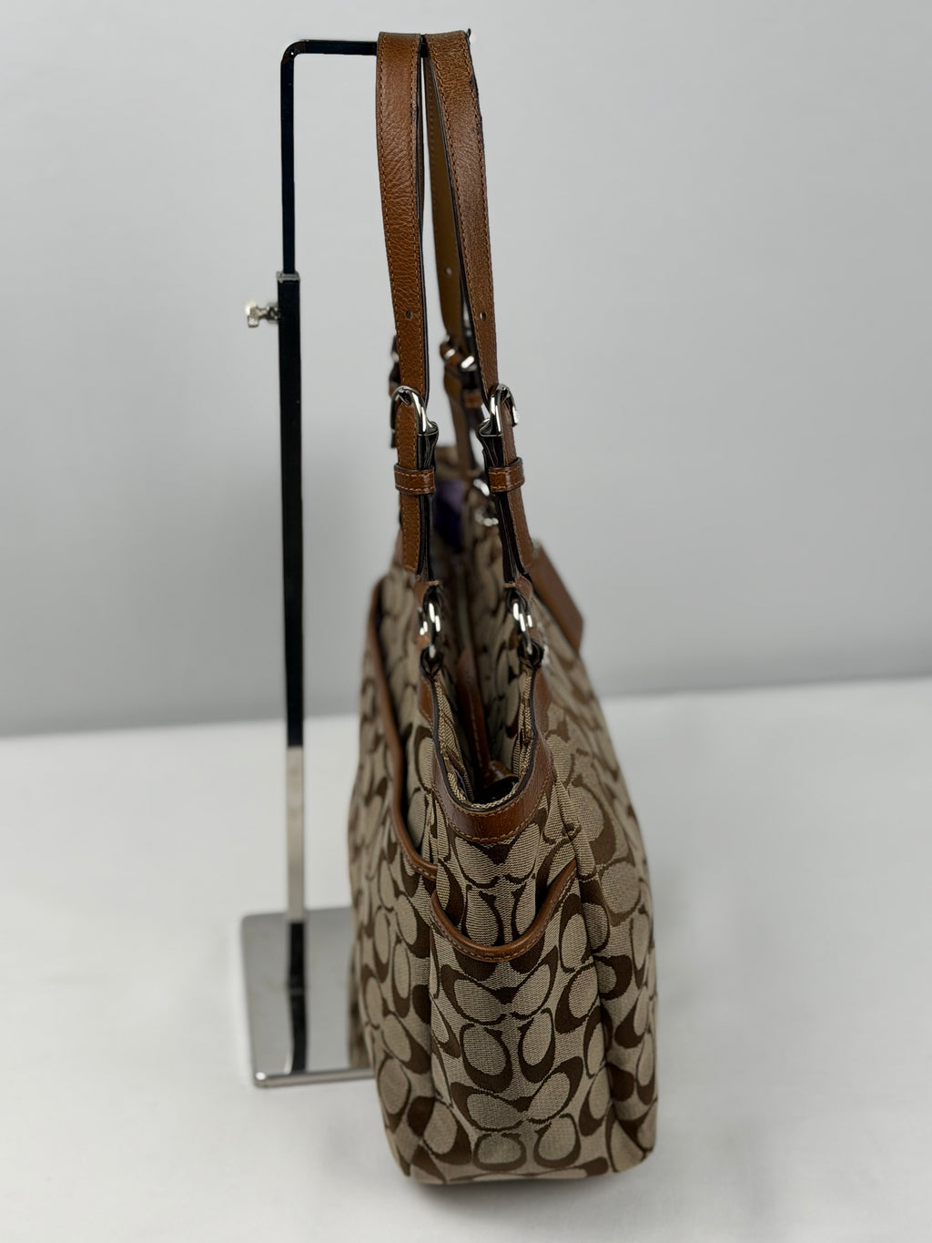 Coach F17726 Signature Brown Monogram Shoulder Bag Leather Trim