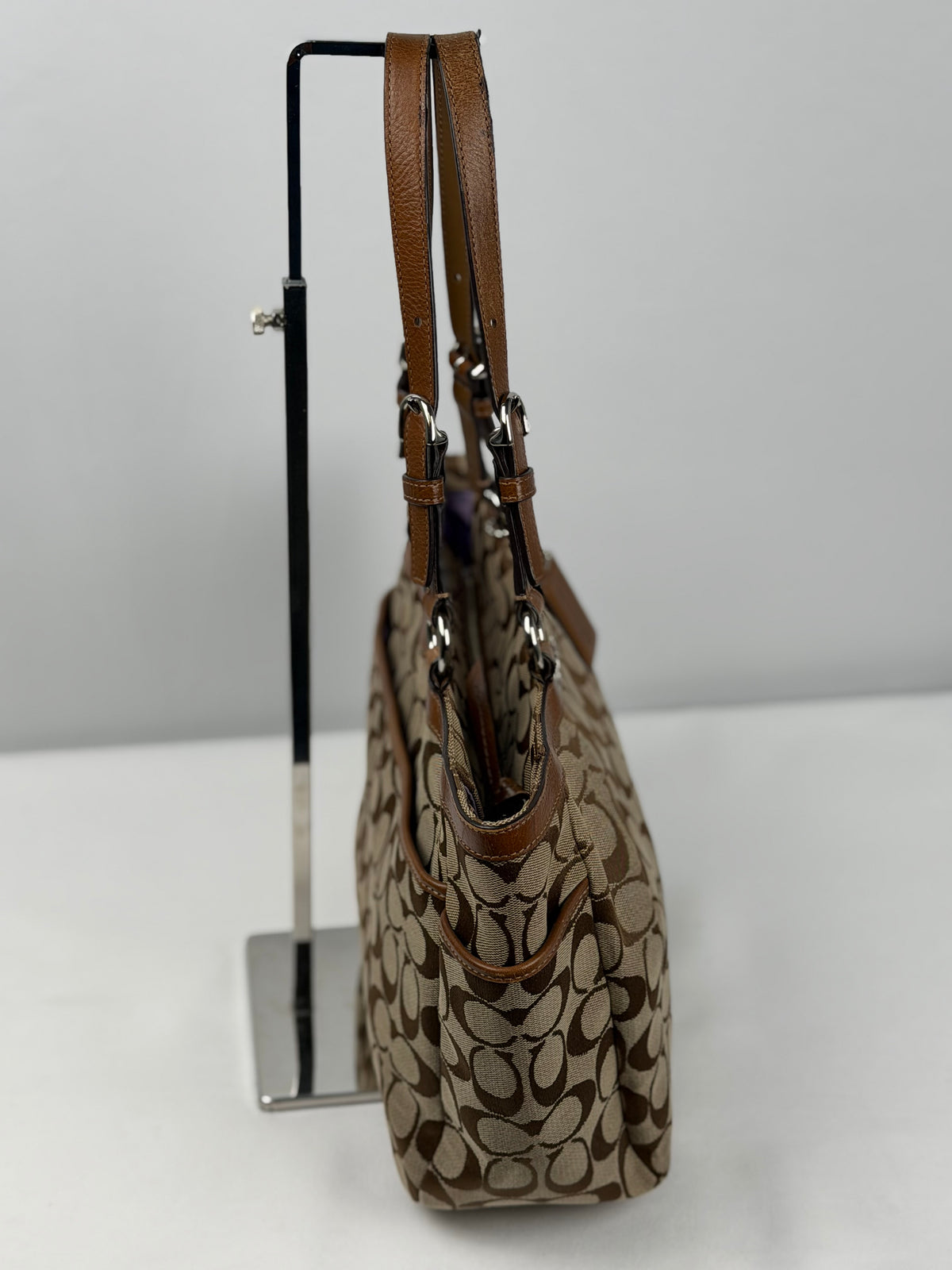 Coach F17726 Signature Brown Monogram Shoulder Bag Leather Trim