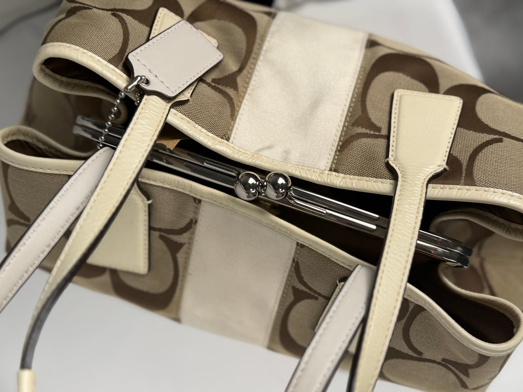 Coach F13533 Signature Brown Monogram Kisslock Shoulder Bag Cream Leather Trim