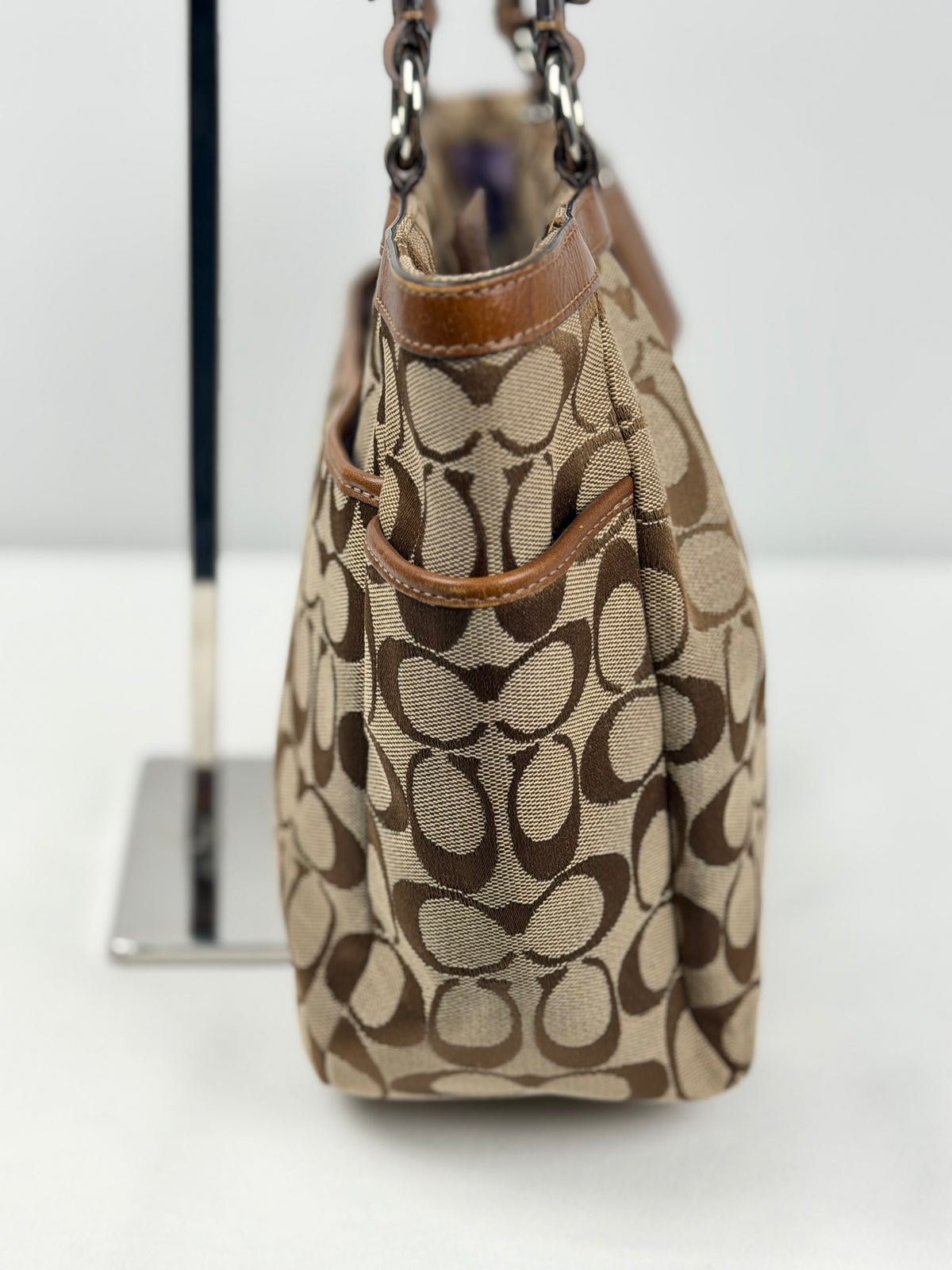 Coach F17726 Signature Brown Monogram Shoulder Bag Leather Trim