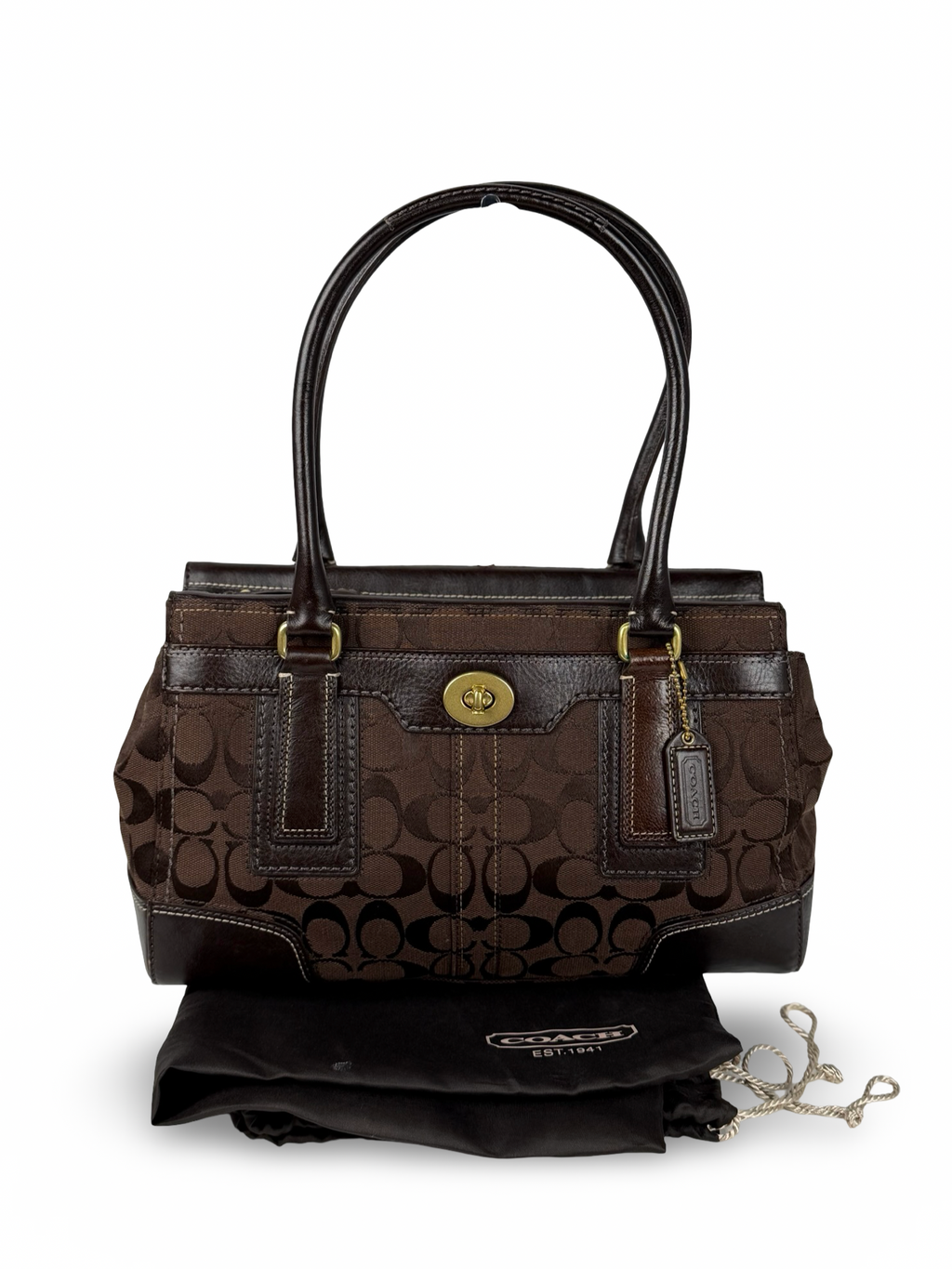 Coach 11062 Hampton Signature Chocolate Brown Monogram Shoulder Bag Leather Trim