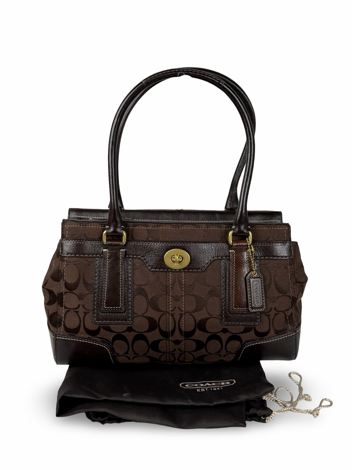 Coach 11062 Hampton Signature Chocolate Brown Monogram Shoulder Bag Leather Trim