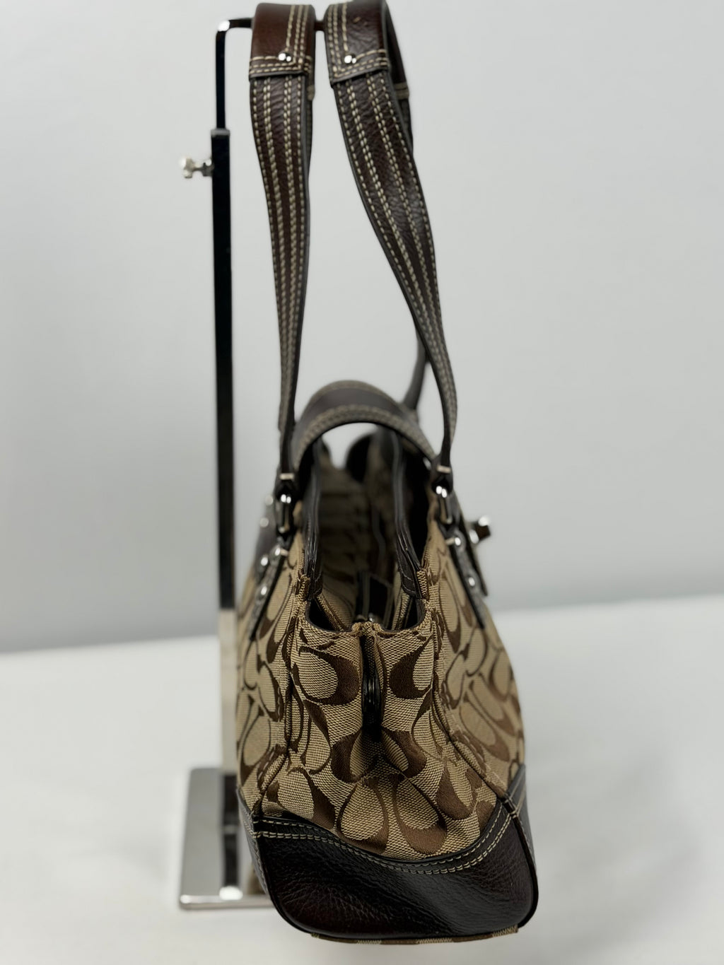 Coach F13975 Hampton Turnlock Flap Signature Brown Monogram Shoulder Bag Leather Trim