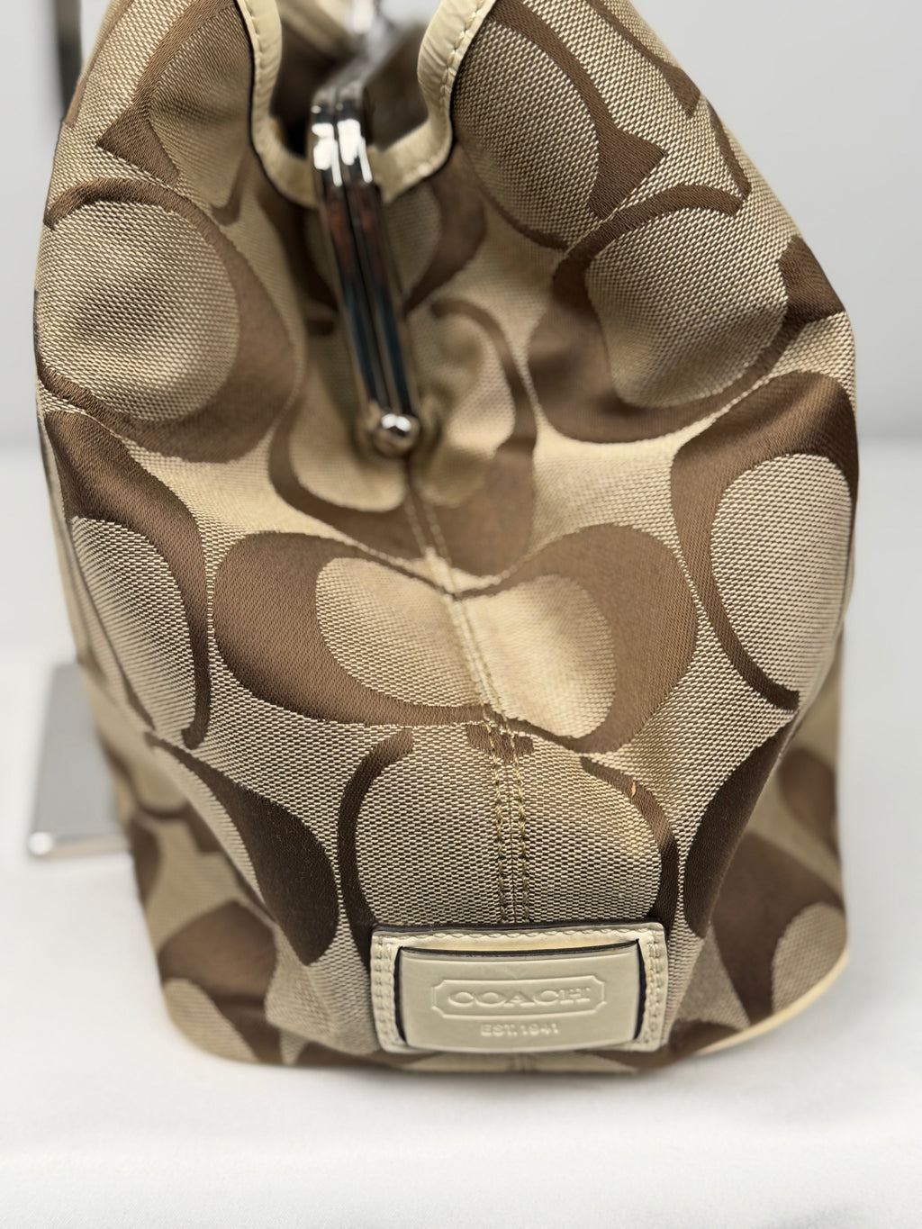 Coach F13533 Signature Brown Monogram Kisslock Shoulder Bag Cream Leather Trim