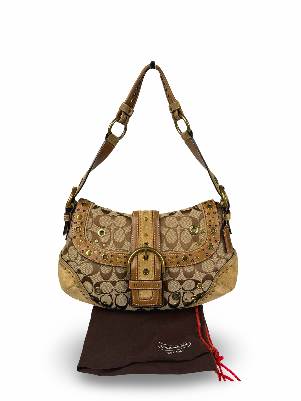 RARE Coach 9451 Soho Signature Brown Shoulder Bag Studded Embellishments Suede Leather Trim