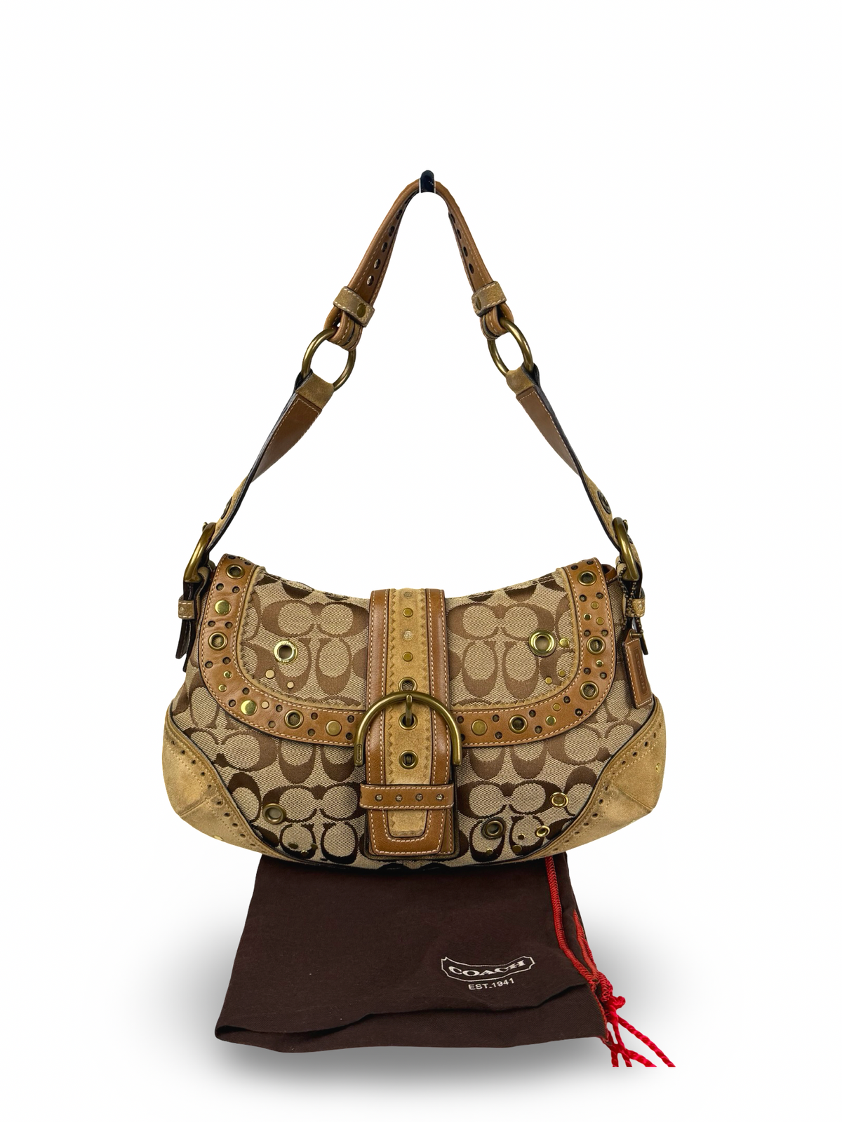 RARE Coach 9451 Soho Signature Brown Shoulder Bag Studded Embellishments Suede Leather Trim