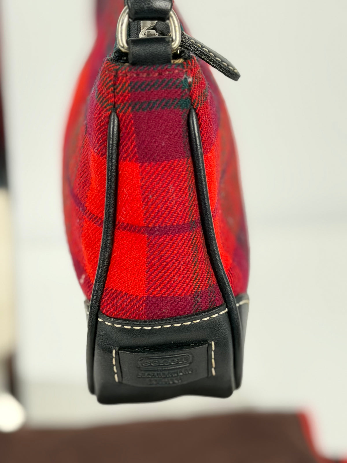 Coach Rare Red Plaid Wool Demi Shoulder Bag Black Leather Trim with dustbag