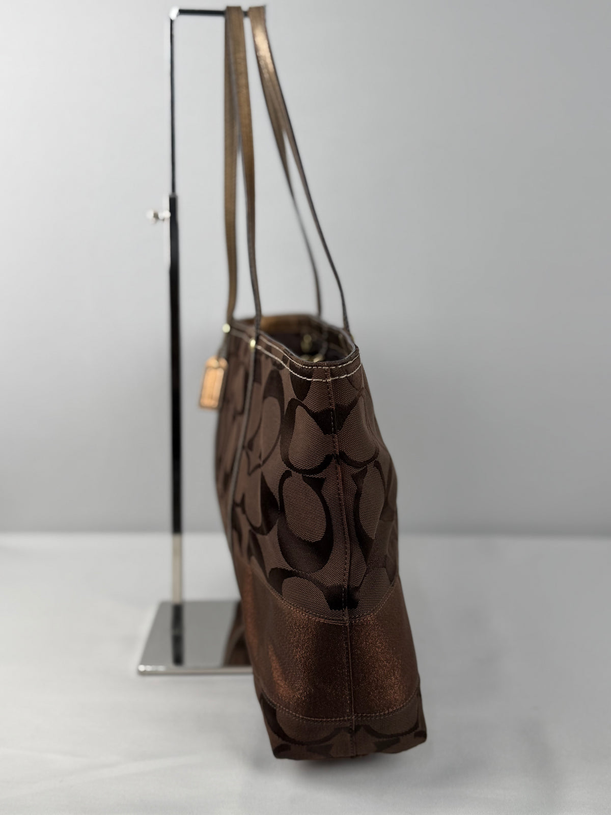 Coach F11099 Signature Chocolate Brown Monogram Shoulder Tote Bag Leather Trim