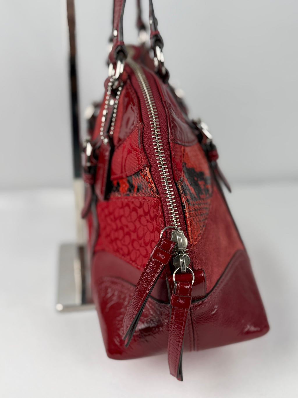 Rare Coach F14007 Red Patchwork Canvas Suede Leather Shoulder Bag