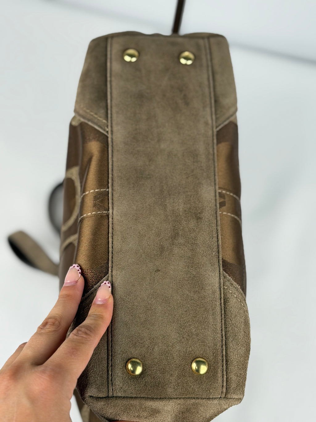 Coach 10445 Signature Brown Monogram Shoulder Bag Suede Leather Trim