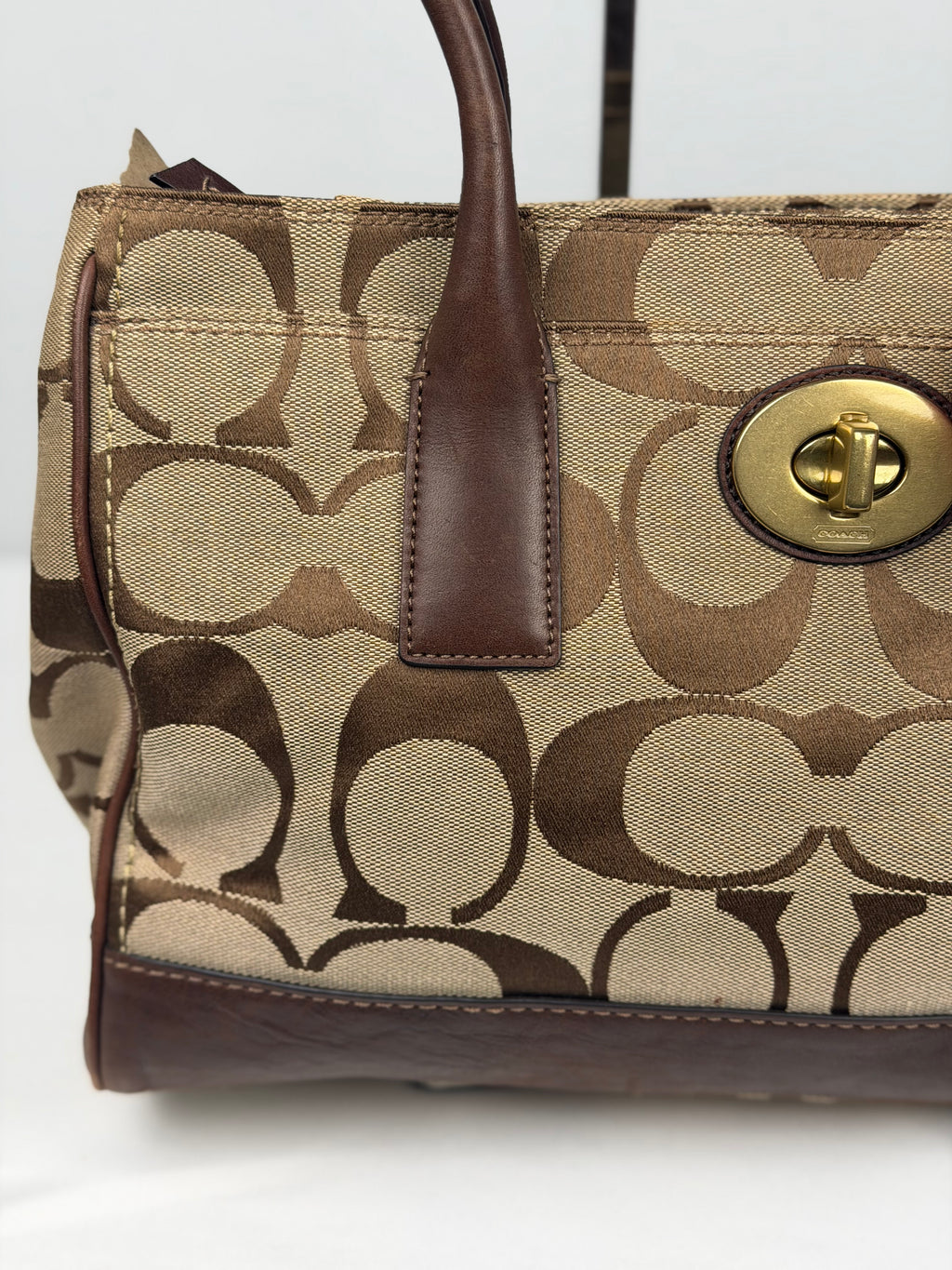 Coach 11558 Madeline Turnlock Signature Brown Monogram Shoulder Bag Leather Trim