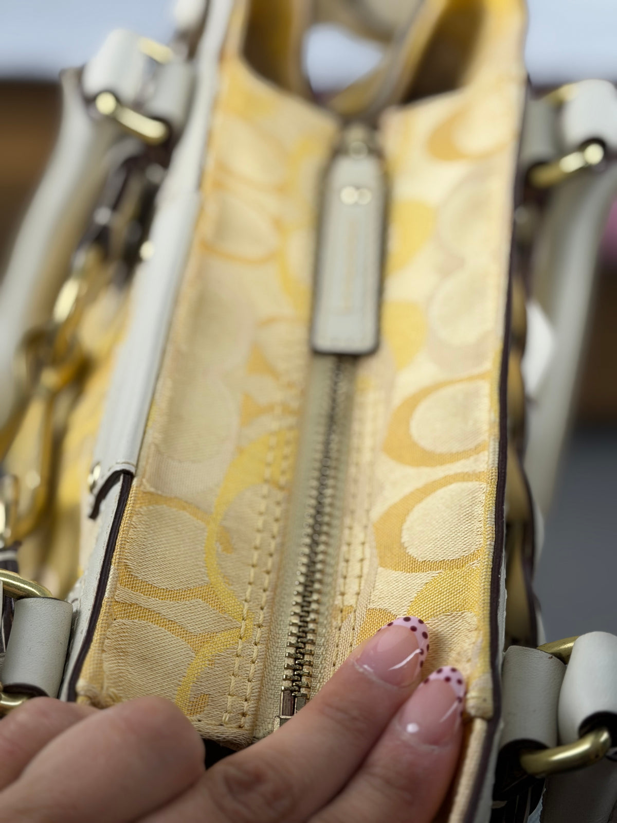 Coach 10785 Hampton Yellow Monogram Shoulder Bag Leather Trim
