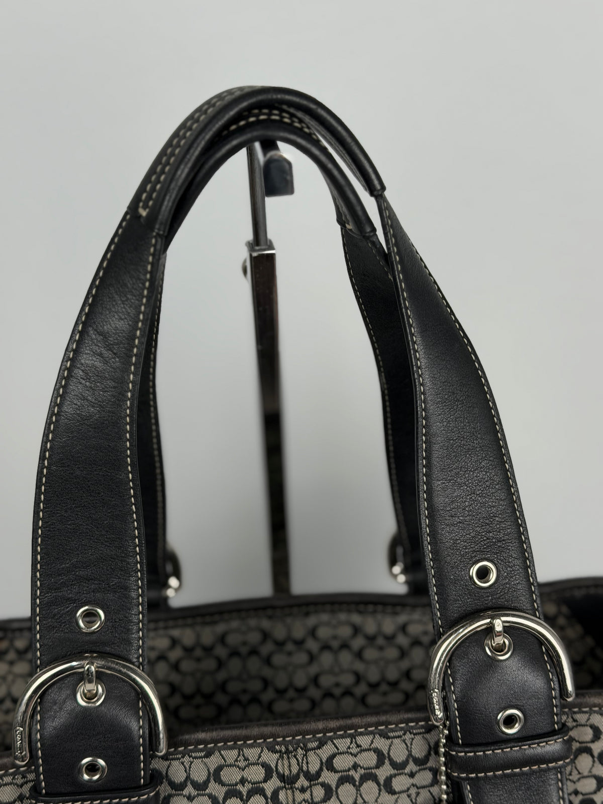 Coach 6383 Signature Black Monogram Shoulder Bag Leather Trim