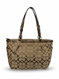 Coach F17726 Signature Brown Shoulder Tote Bag Leather Trim