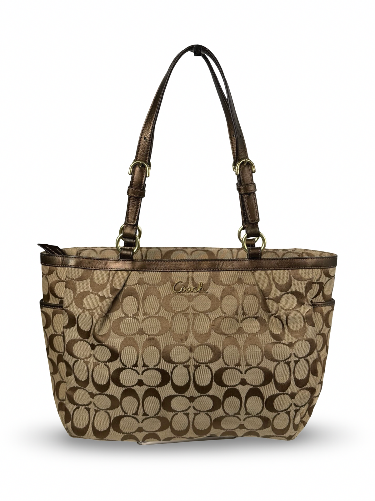 Coach F17726 Signature Brown Shoulder Tote Bag Leather Trim