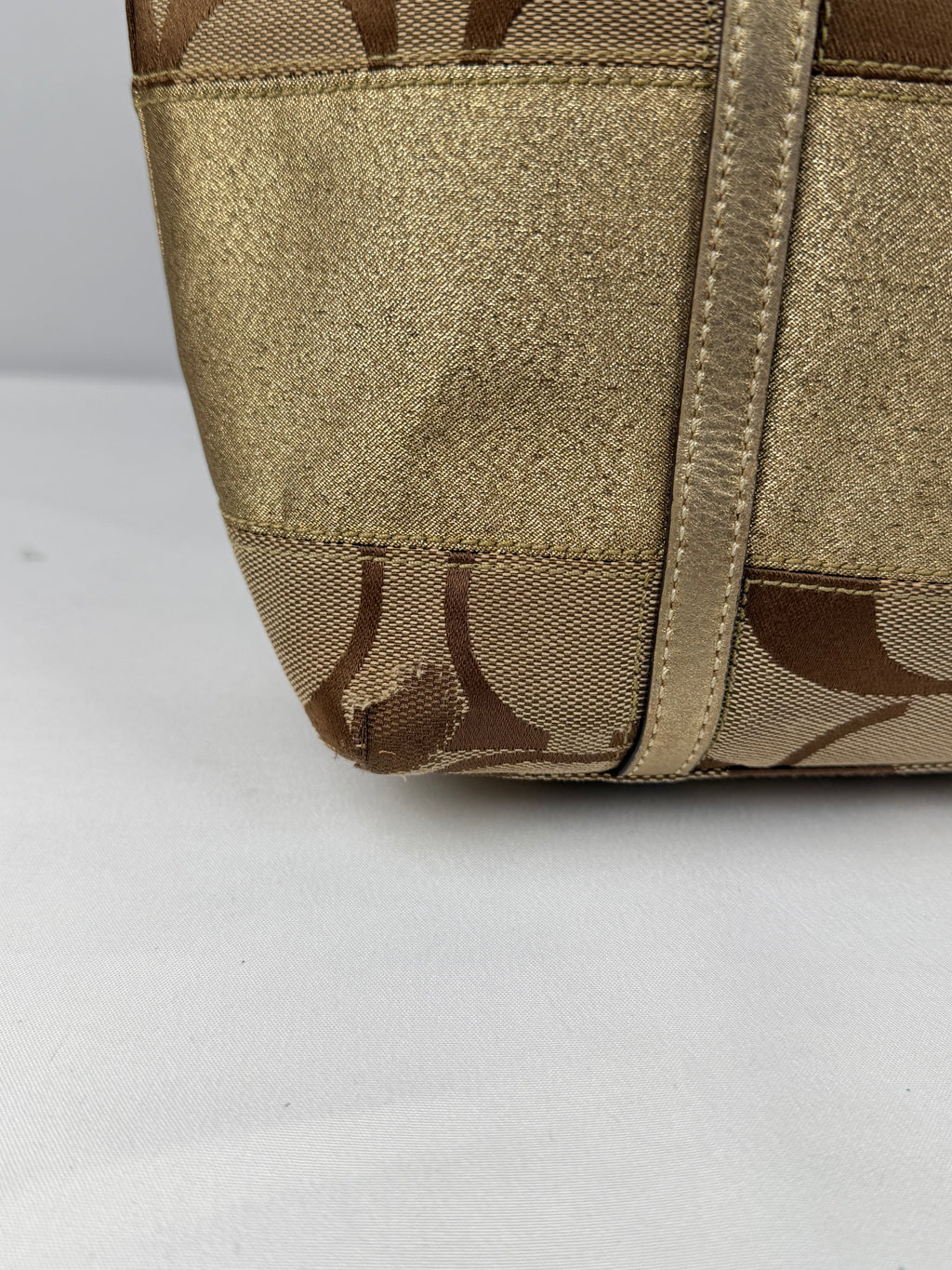 Coach 11098 Signature Brown/Gold Monogram Shoulder Tote Bag Leather Trim