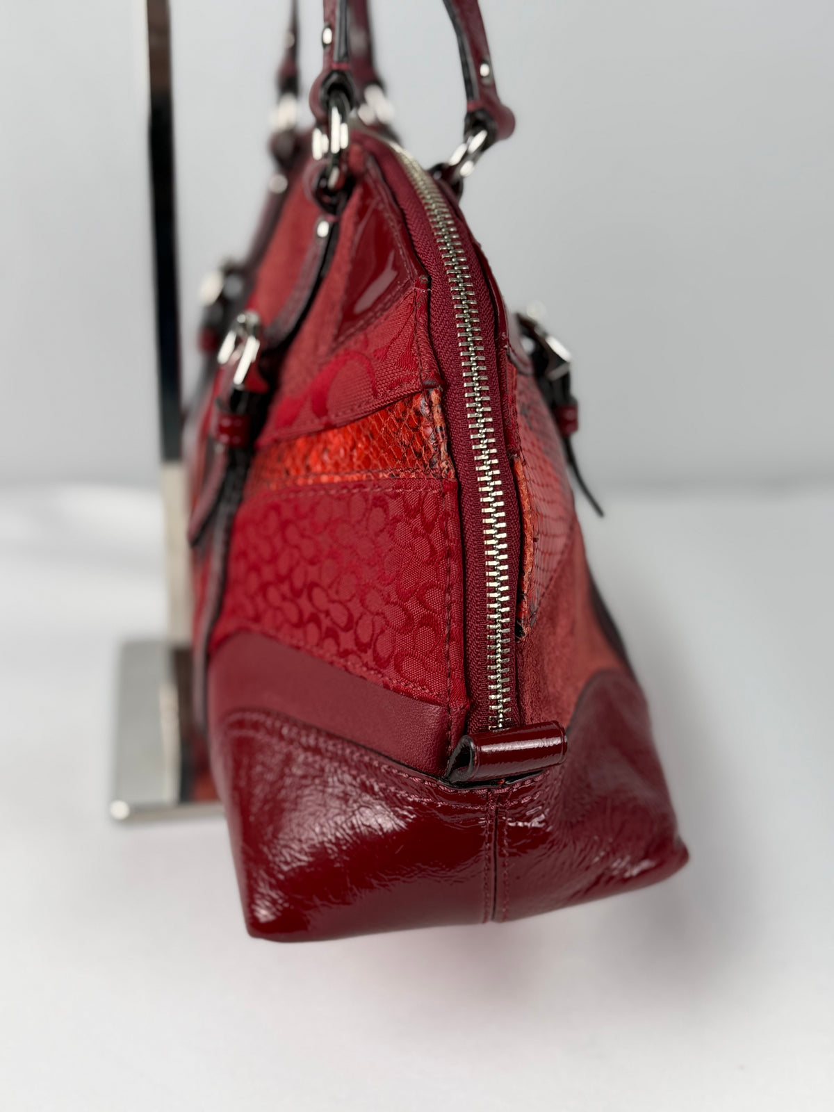 Rare Coach F14007 Red Patchwork Canvas Suede Leather Shoulder Bag