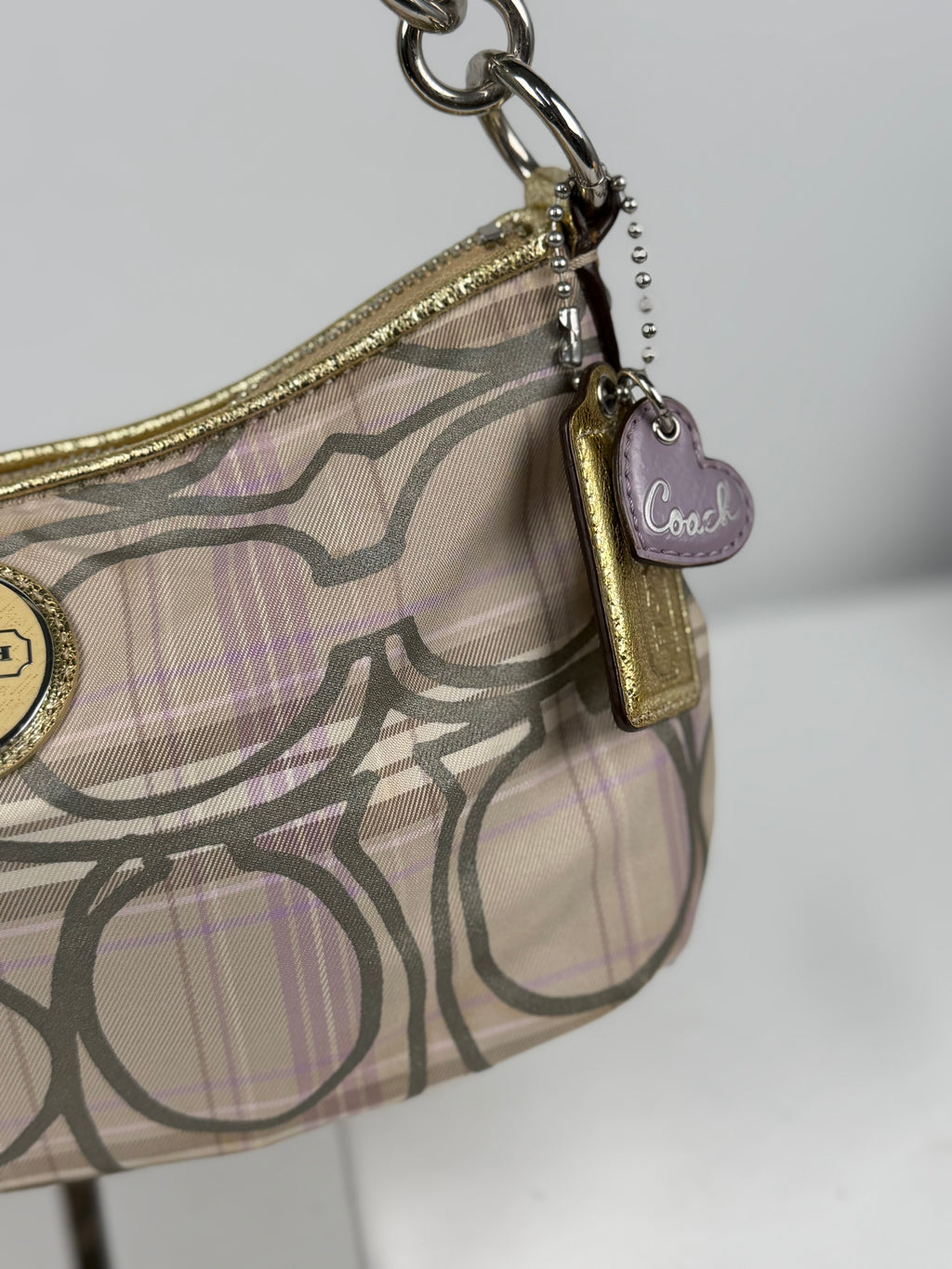 Coach F17210 Signature Purple/Beige Check Pattern Shoulder Bag Gold Leather Trim